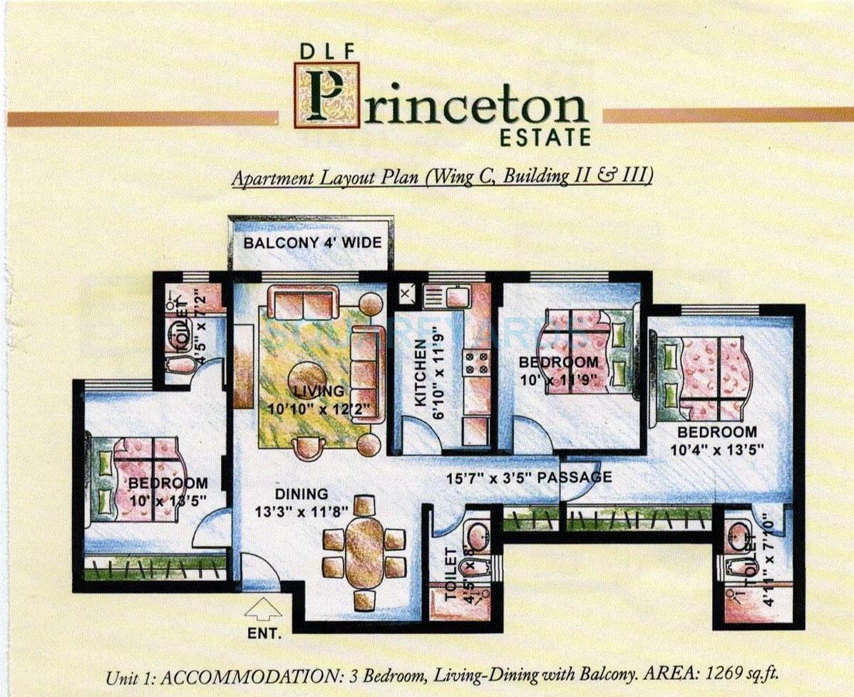 Floor plan of 3 BHK 1269 Sq. Ft. Apartment in DLF The Princeton Estate, Gurgaon