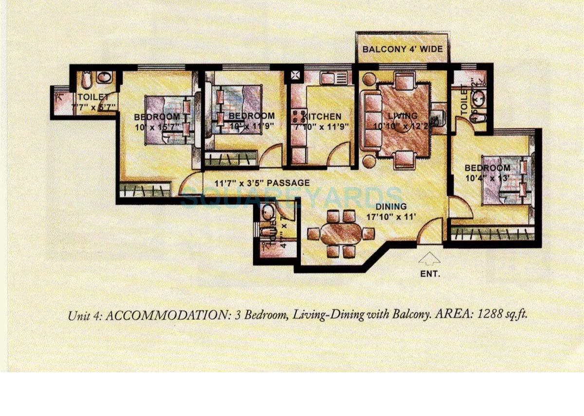 Floor plan of 3 BHK 1288 Sq. Ft. Apartment in DLF The Princeton Estate, Gurgaon