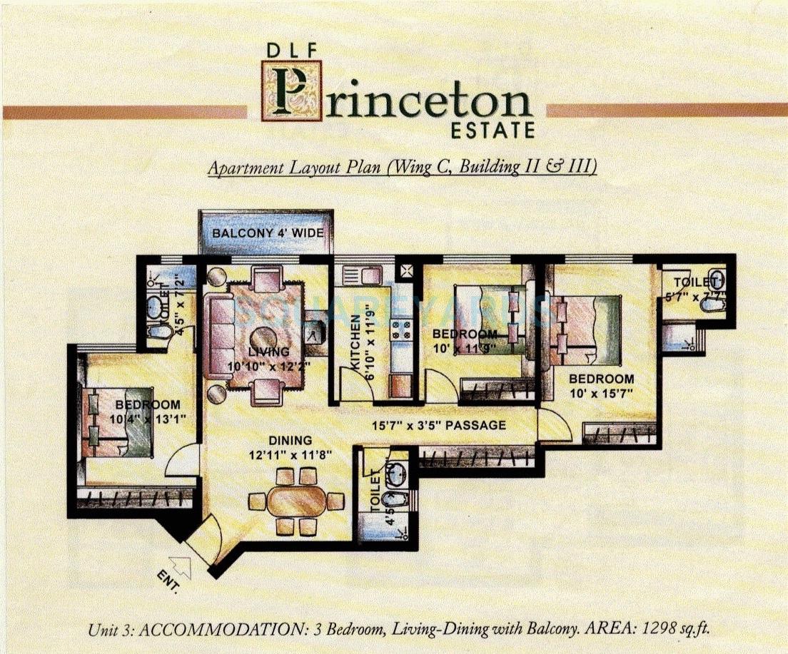 Floor plan of 3 BHK 1298 Sq. Ft. Apartment in DLF The Princeton Estate, Gurgaon