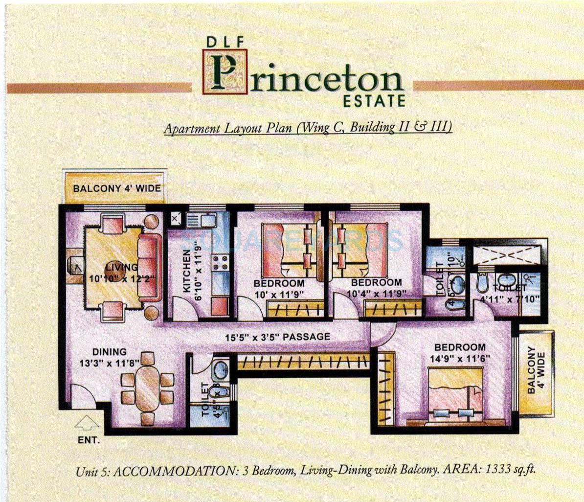 Floor plan of 3 BHK 1333 Sq. Ft. Apartment in DLF The Princeton Estate, Gurgaon