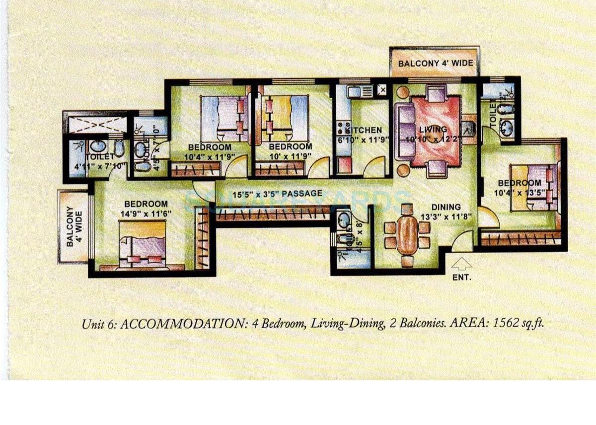 Floor plan of 4 BHK 1562 Sq. Ft. Apartment in DLF The Princeton Estate, Gurgaon