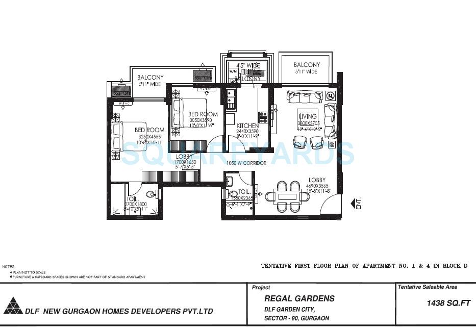 Floor plan of 2 BHK 1438 Sq. Ft. Apartment in DLF Regal Gardens, Gurgaon