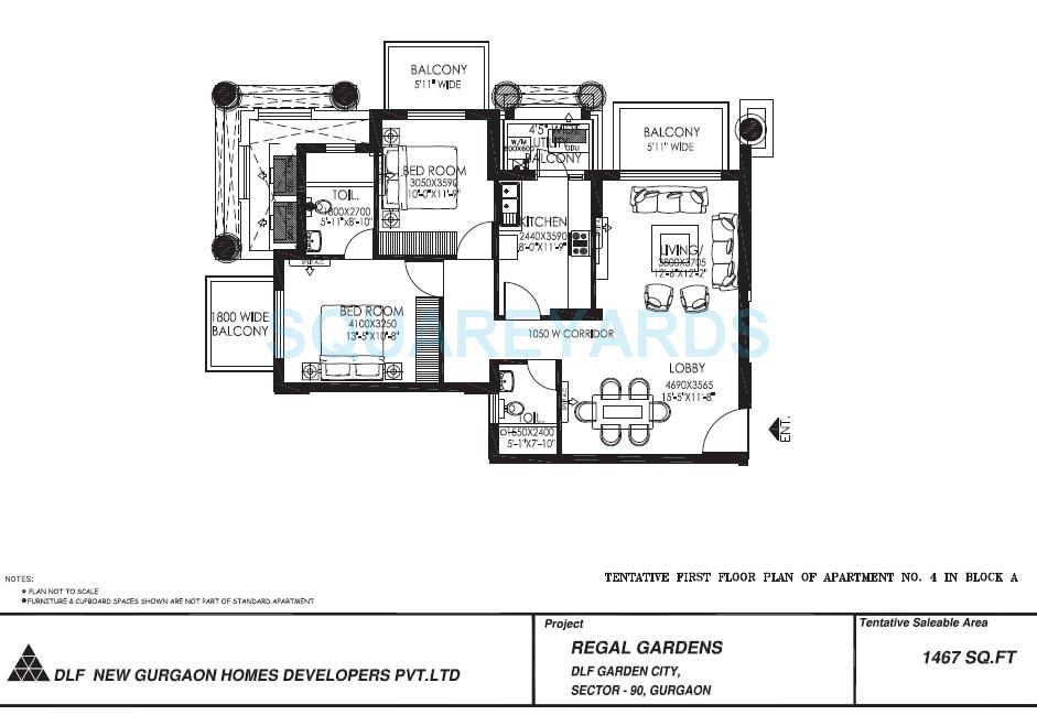 Floor plan of 2 BHK 1467 Sq. Ft. Apartment in DLF Regal Gardens, Gurgaon
