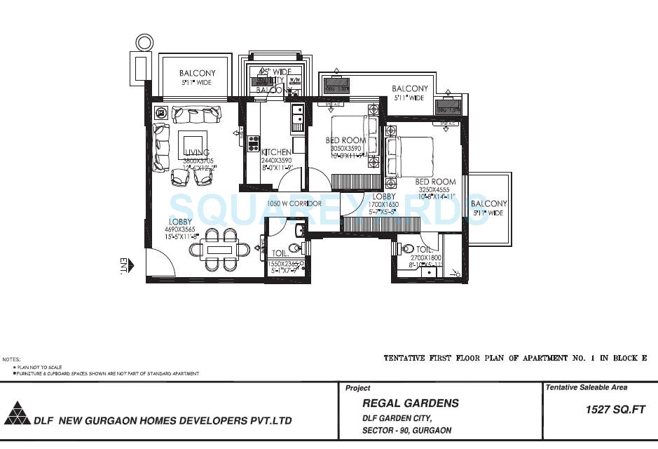 Floor plan of 2 BHK 1527 Sq. Ft. Apartment in DLF Regal Gardens, Gurgaon