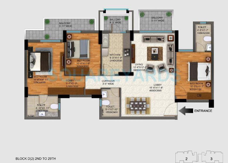 Floor plan of 3 BHK 1693 Sq. Ft. Apartment in DLF Regal Gardens, Gurgaon