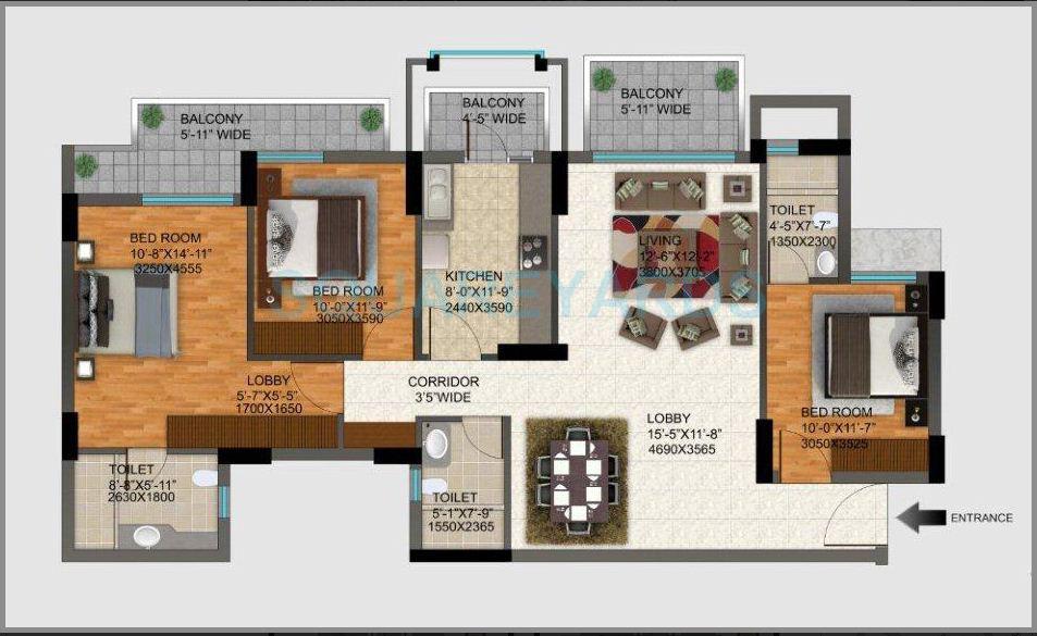 Floor plan of 3 BHK 1702 Sq. Ft. Apartment in DLF Regal Gardens, Gurgaon