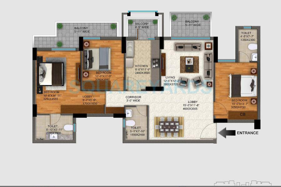 Floor plan of 3 BHK 1703 Sq. Ft. Apartment in DLF Regal Gardens, Gurgaon