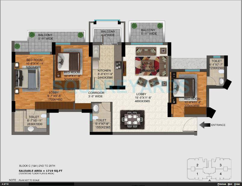 Floor plan of 3 BHK 1719 Sq. Ft. Apartment in DLF Regal Gardens, Gurgaon