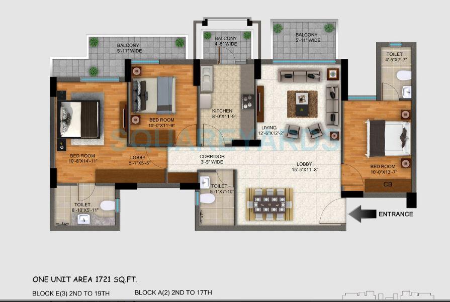 Floor plan of 3 BHK 1721 Sq. Ft. Apartment in DLF Regal Gardens, Gurgaon