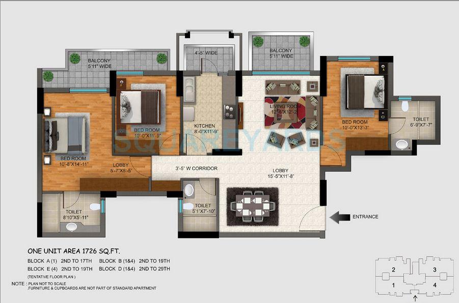 Floor plan of 3 BHK 1726 Sq. Ft. Apartment in DLF Regal Gardens, Gurgaon