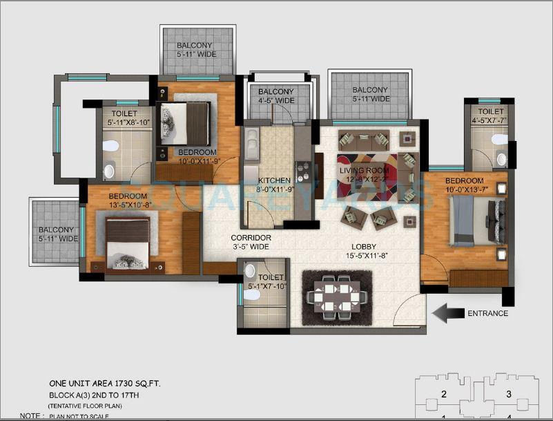 Floor plan of 3 BHK 1730 Sq. Ft. Apartment in DLF Regal Gardens, Gurgaon