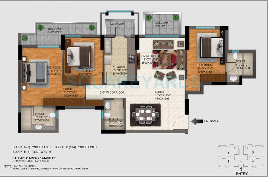 Floor plan of 3 BHK 1744 Sq. Ft. Apartment in DLF Regal Gardens, Gurgaon