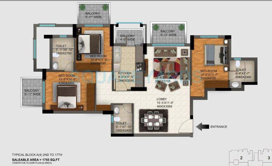 Floor plan of 3 BHK 1755 Sq. Ft. Apartment in DLF Regal Gardens, Gurgaon