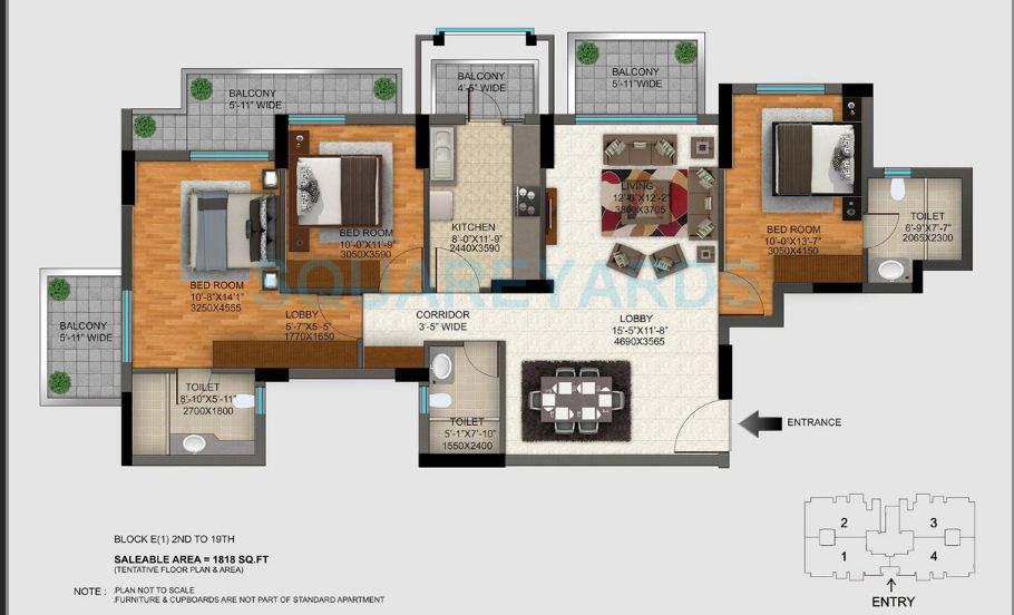 Floor plan of 3 BHK 1818 Sq. Ft. Apartment in DLF Regal Gardens, Gurgaon