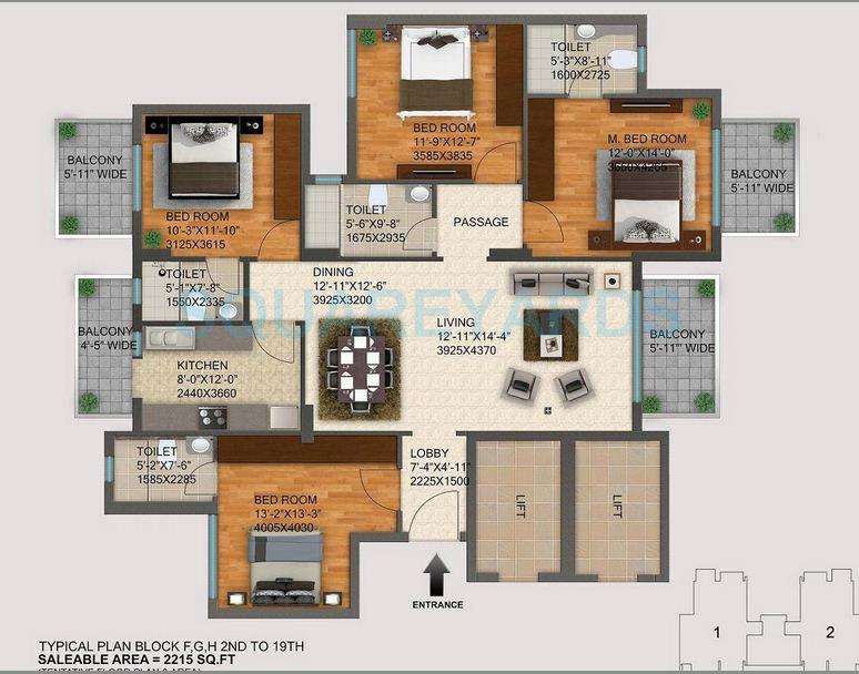 Floor plan of 4 BHK 2215 Sq. Ft. Apartment in DLF Regal Gardens, Gurgaon