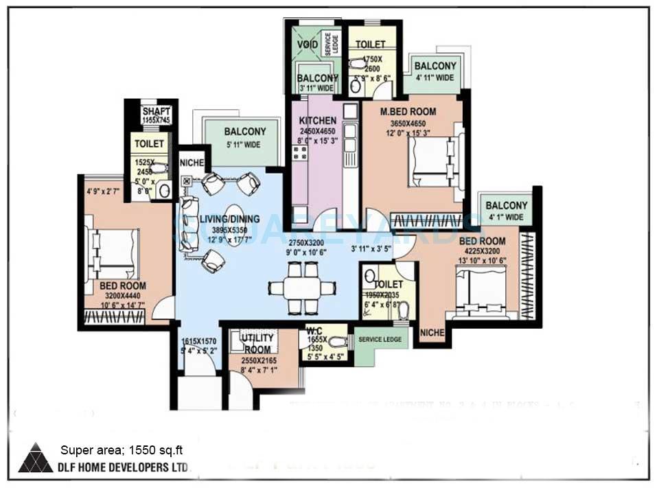 Floor plan of 3 BHK 1550 Sq. Ft. Apartment in DLF Regency Park II, Gurgaon