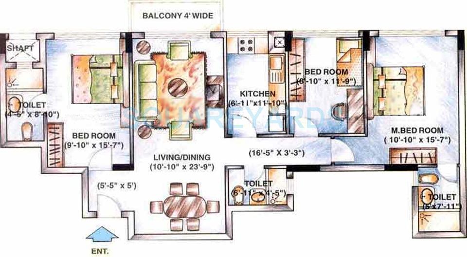 Floor plan of 3 BHK 1371 Sq. Ft. Apartment in DLF Ridgewood Estate, Gurgaon