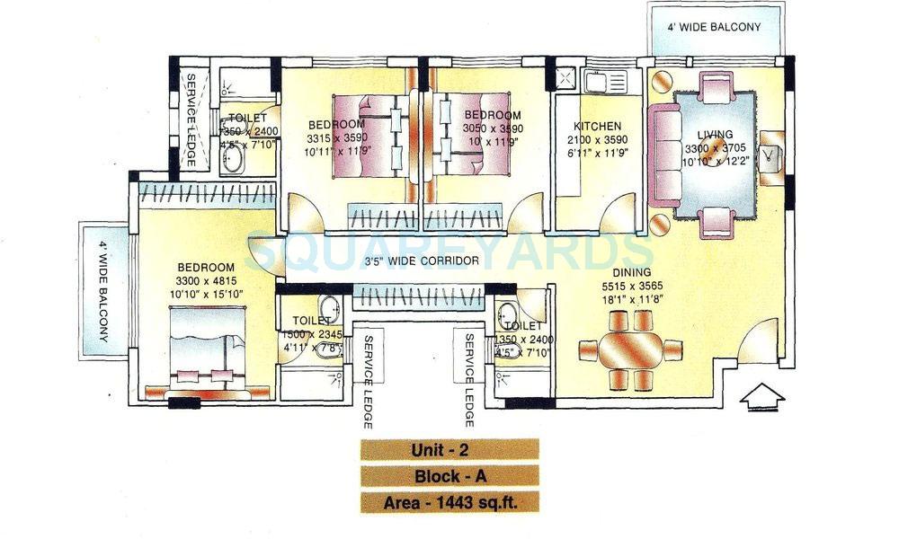 Floor plan of 3 BHK 1443 Sq. Ft. Apartment in DLF Ridgewood Estate, Gurgaon