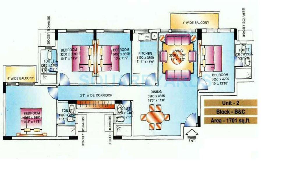 Floor plan of 4 BHK 1701 Sq. Ft. Apartment in DLF Ridgewood Estate, Gurgaon