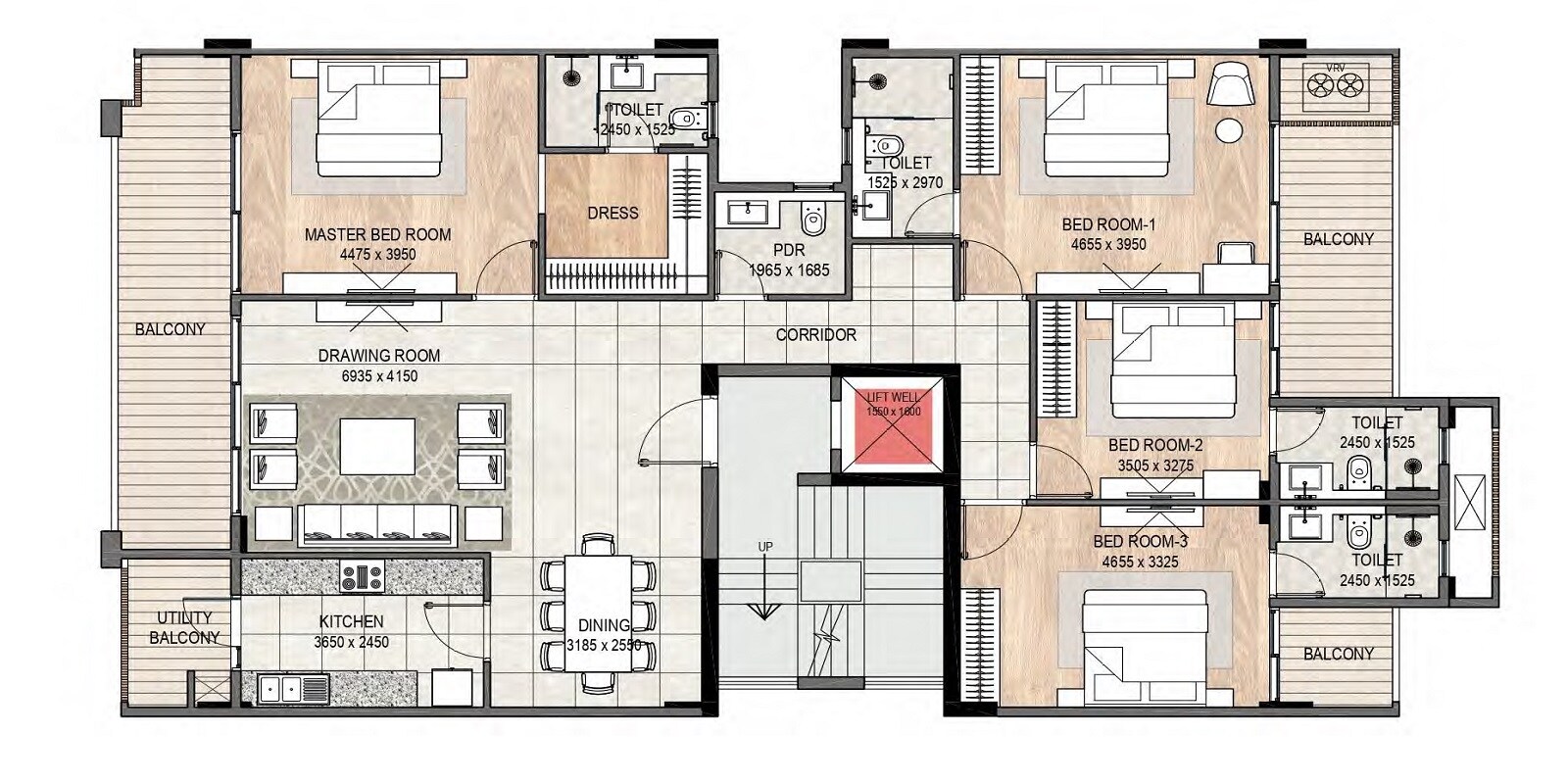 Floor plan of 4 BHK 2430 Sq. Ft. Ind Floor in DLF Signature Residences, Gurgaon