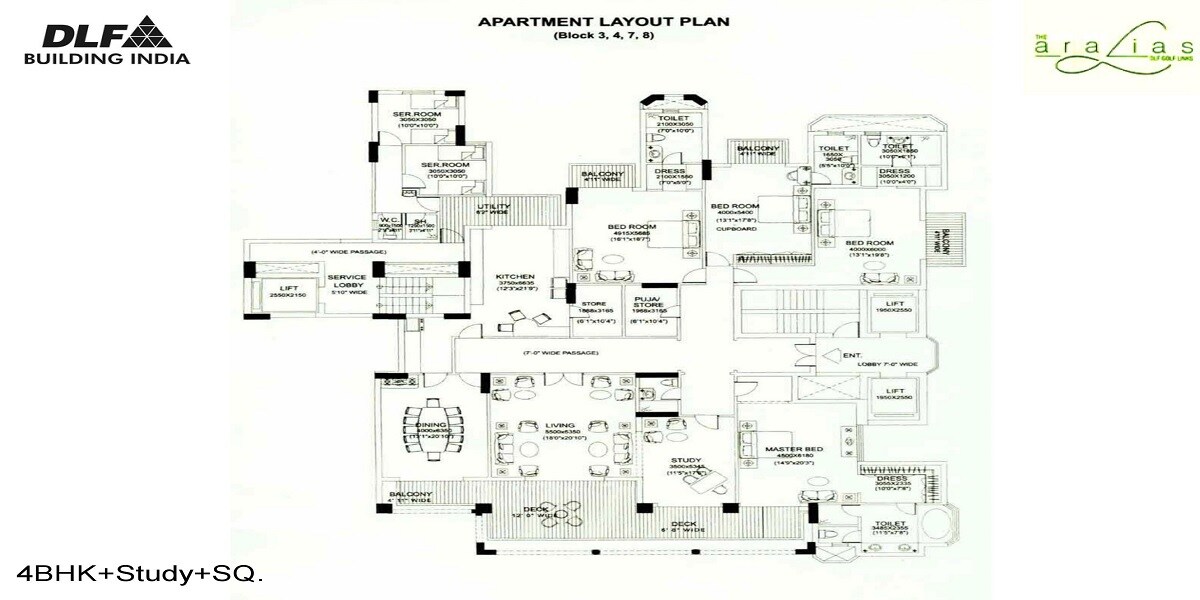 Floor plan of 4 BHK 6000 Sq. Ft. Apartment in DLF The Aralias, Gurgaon