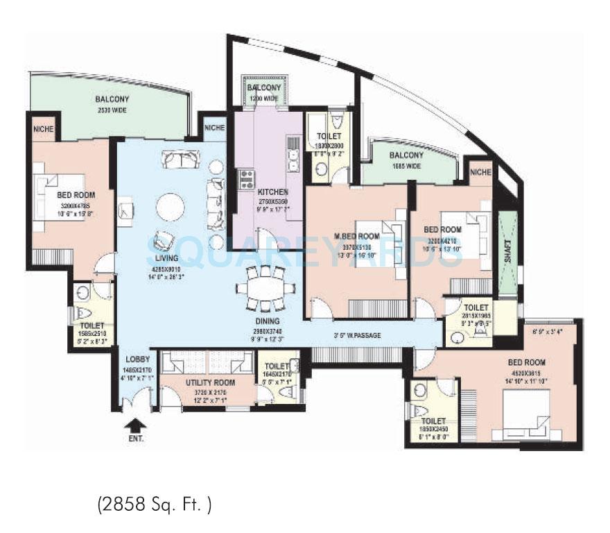 Floor plan of 4 BHK 2858 Sq. Ft. Apartment in DLF The Belaire, Gurgaon