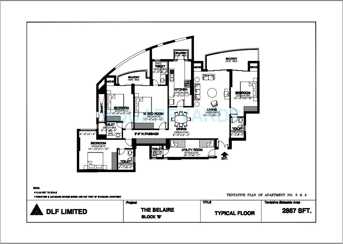 Floor plan of 4 BHK 2867 Sq. Ft. Apartment in DLF The Belaire, Gurgaon