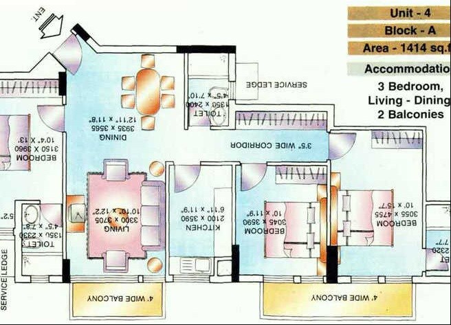 Floor plan of 3 BHK 1414 Sq. Ft. Apartment in DLF The Belvedere Park, Gurgaon