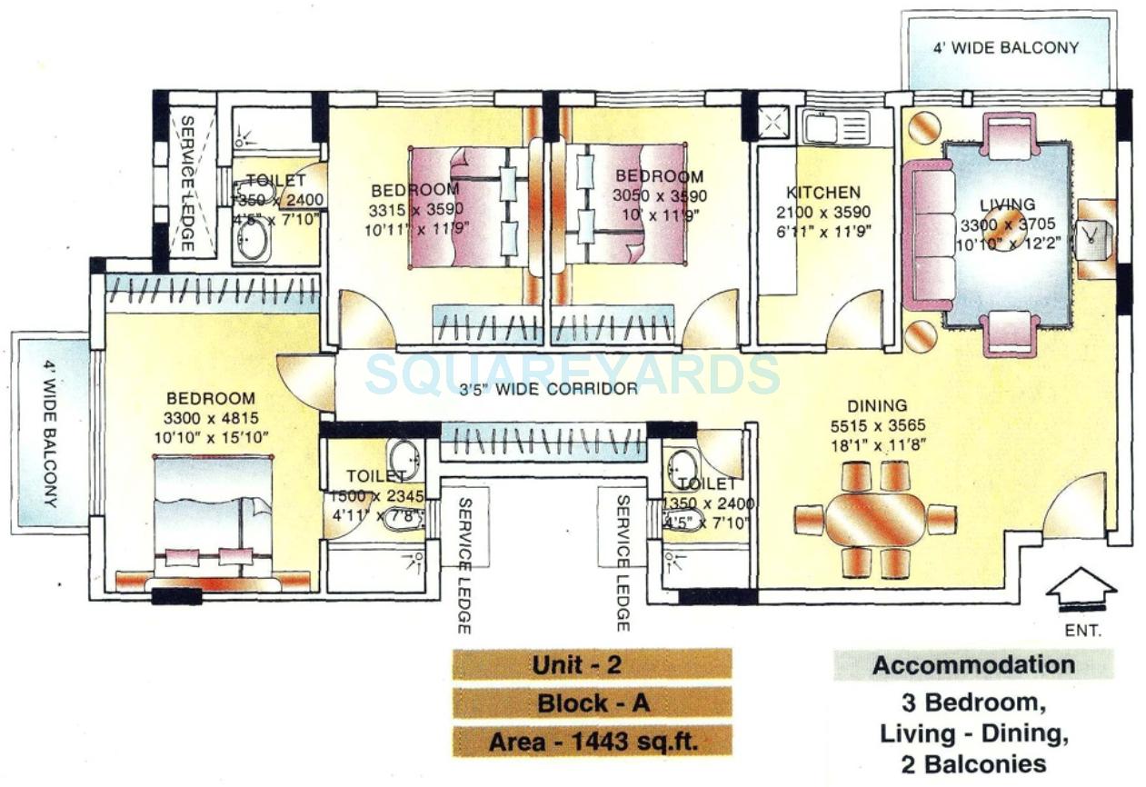 Floor plan of 3 BHK 1443 Sq. Ft. Apartment in DLF The Belvedere Park, Gurgaon
