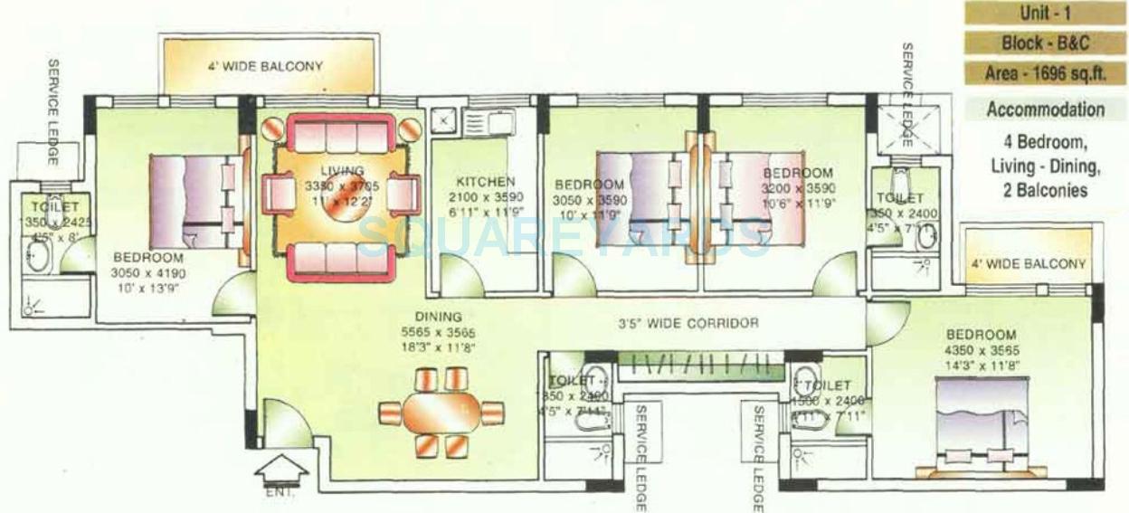 Floor plan of 4 BHK 1696 Sq. Ft. Apartment in DLF The Belvedere Park, Gurgaon