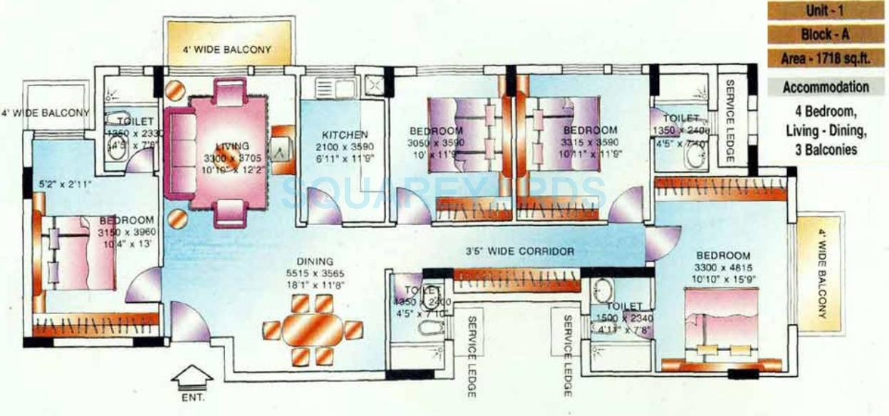 Floor plan of 4 BHK 1718 Sq. Ft. Apartment in DLF The Belvedere Park, Gurgaon
