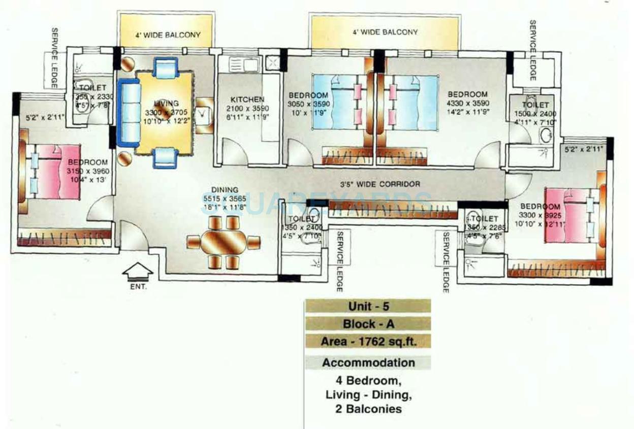 Floor plan of 4 BHK 1762 Sq. Ft. Apartment in DLF The Belvedere Park, Gurgaon