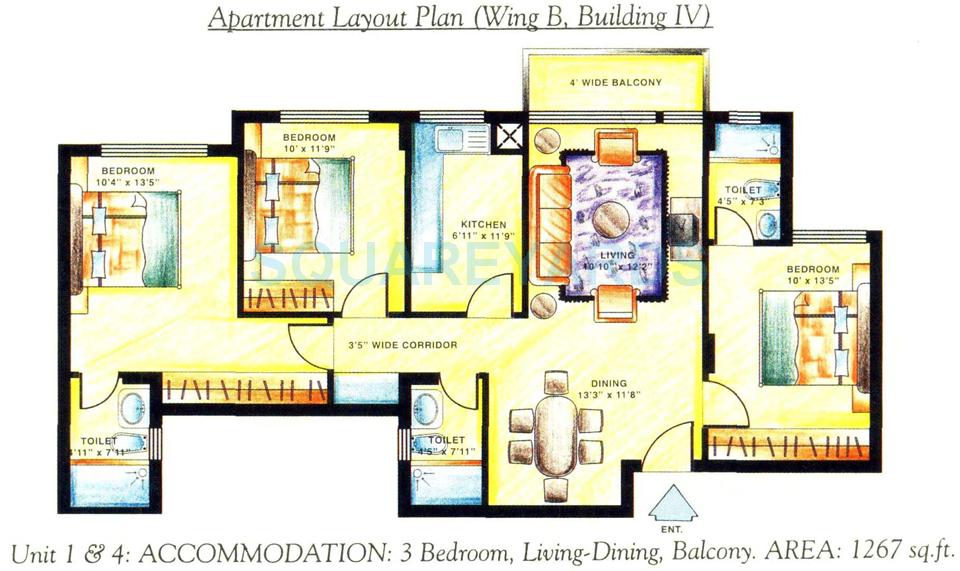 Floor plan of 3 BHK 1267 Sq. Ft. Apartment in DLF The Carlton Estate, Gurgaon