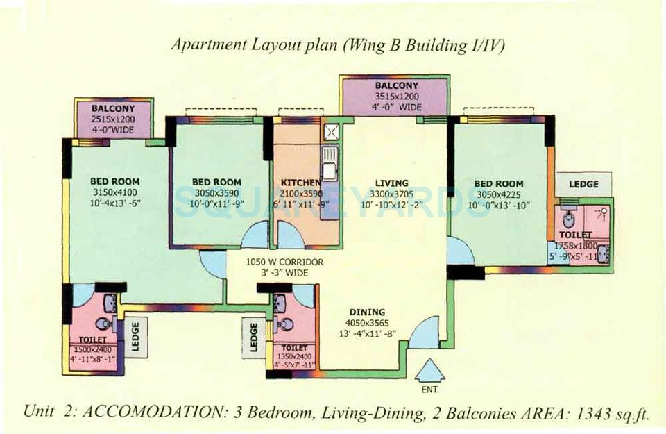Floor plan of 3 BHK 1343 Sq. Ft. Apartment in DLF The Carlton Estate, Gurgaon