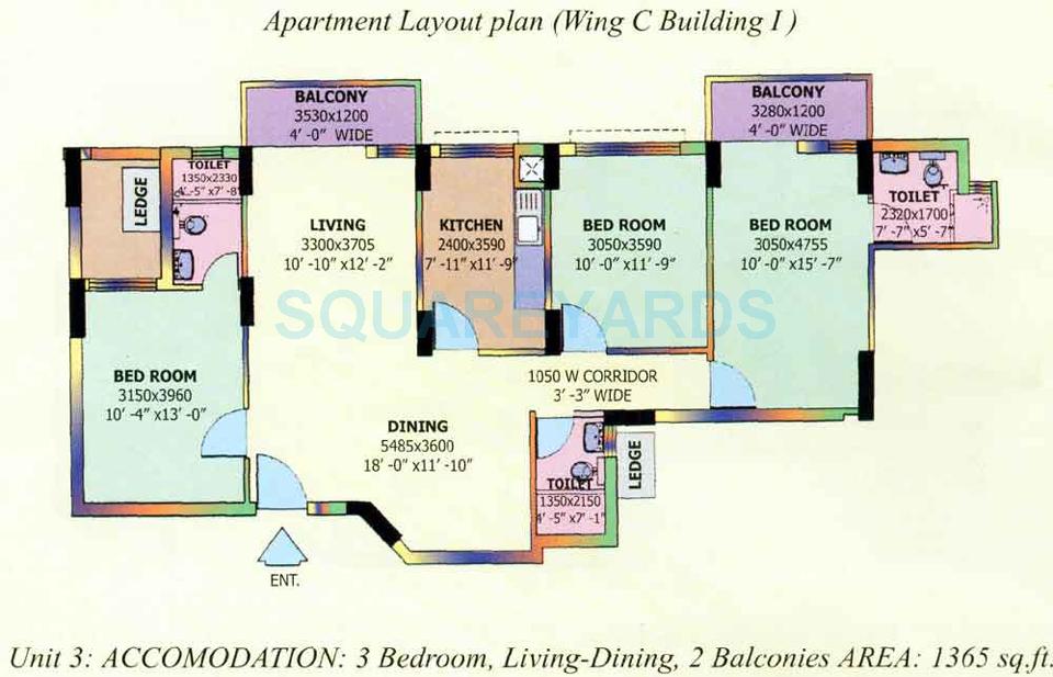 Floor plan of 3 BHK 1365 Sq. Ft. Apartment in DLF The Carlton Estate, Gurgaon