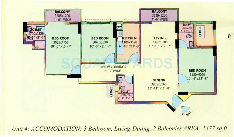 Floor plan of 3 BHK 1377 Sq. Ft. Apartment in DLF The Carlton Estate, Gurgaon