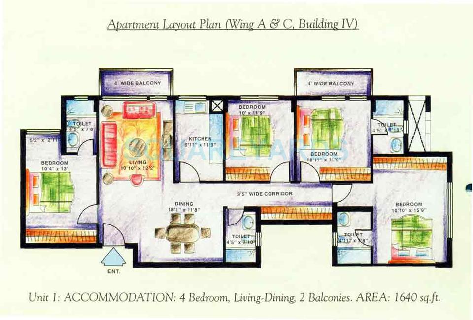 Floor plan of 4 BHK 1640 Sq. Ft. Apartment in DLF The Carlton Estate, Gurgaon