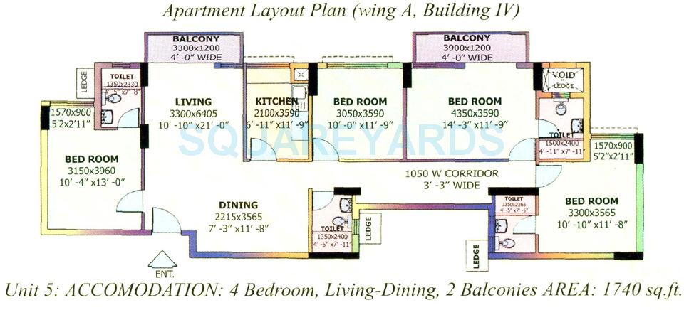 Floor plan of 4 BHK 1740 Sq. Ft. Apartment in DLF The Carlton Estate, Gurgaon