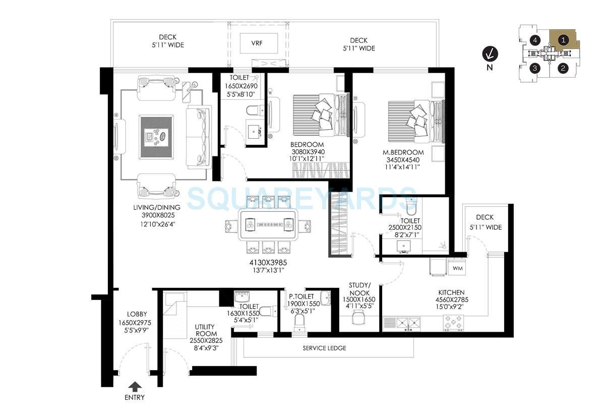 Floor plan of 2 BHK 2400 Sq. Ft. Apartment in DLF The Crest, Gurgaon