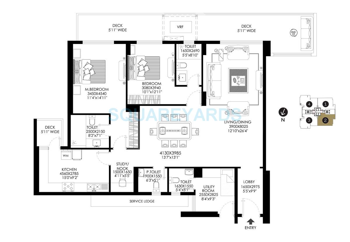 Floor plan of 2 BHK 2349 Sq. Ft. Apartment in DLF The Crest, Gurgaon
