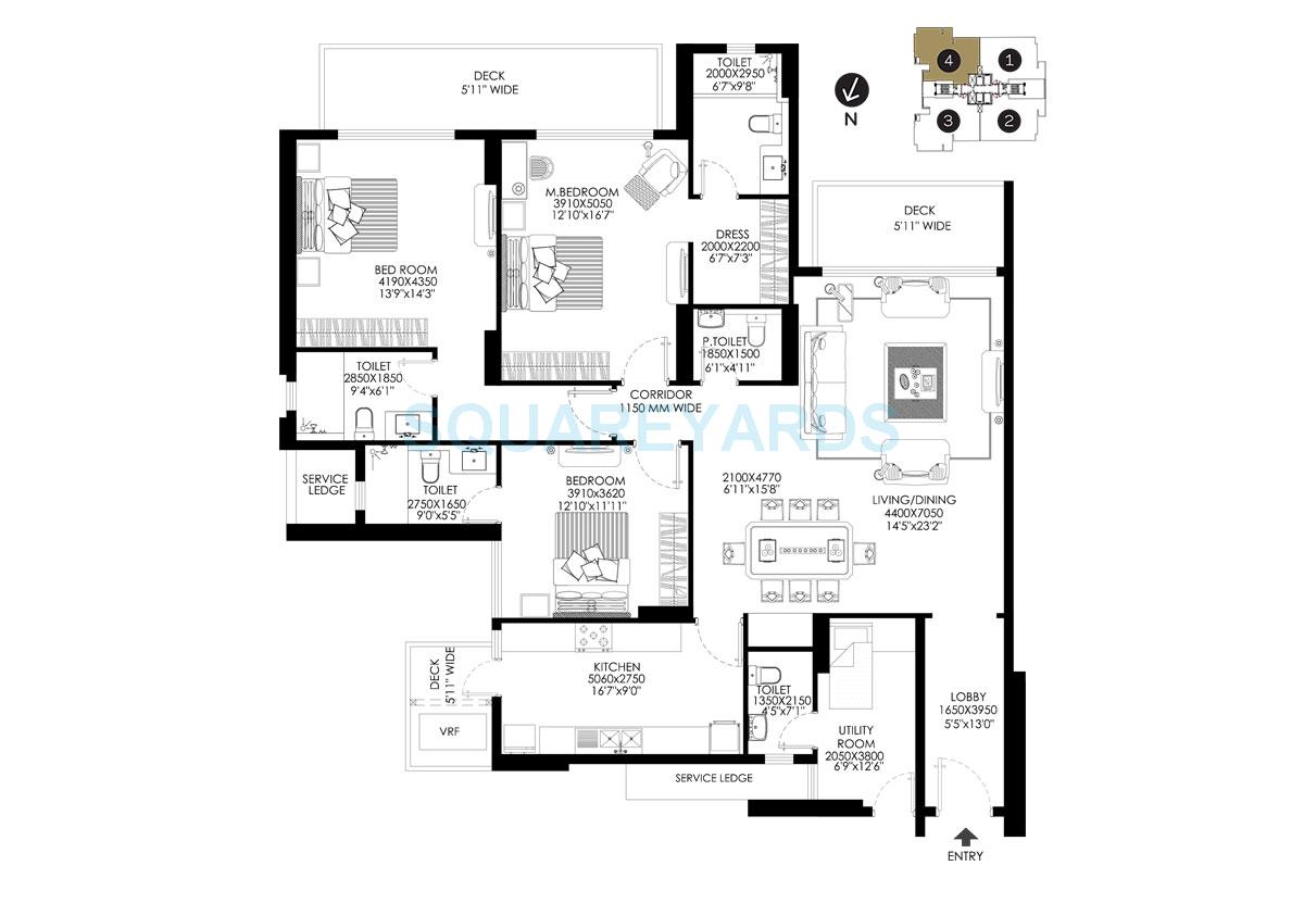 Floor plan of 3 BHK 2644 Sq. Ft. Apartment in DLF The Crest, Gurgaon