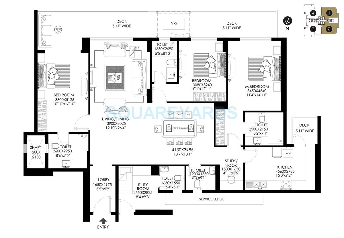Floor plan of 3 BHK 2662 Sq. Ft. Apartment in DLF The Crest, Gurgaon