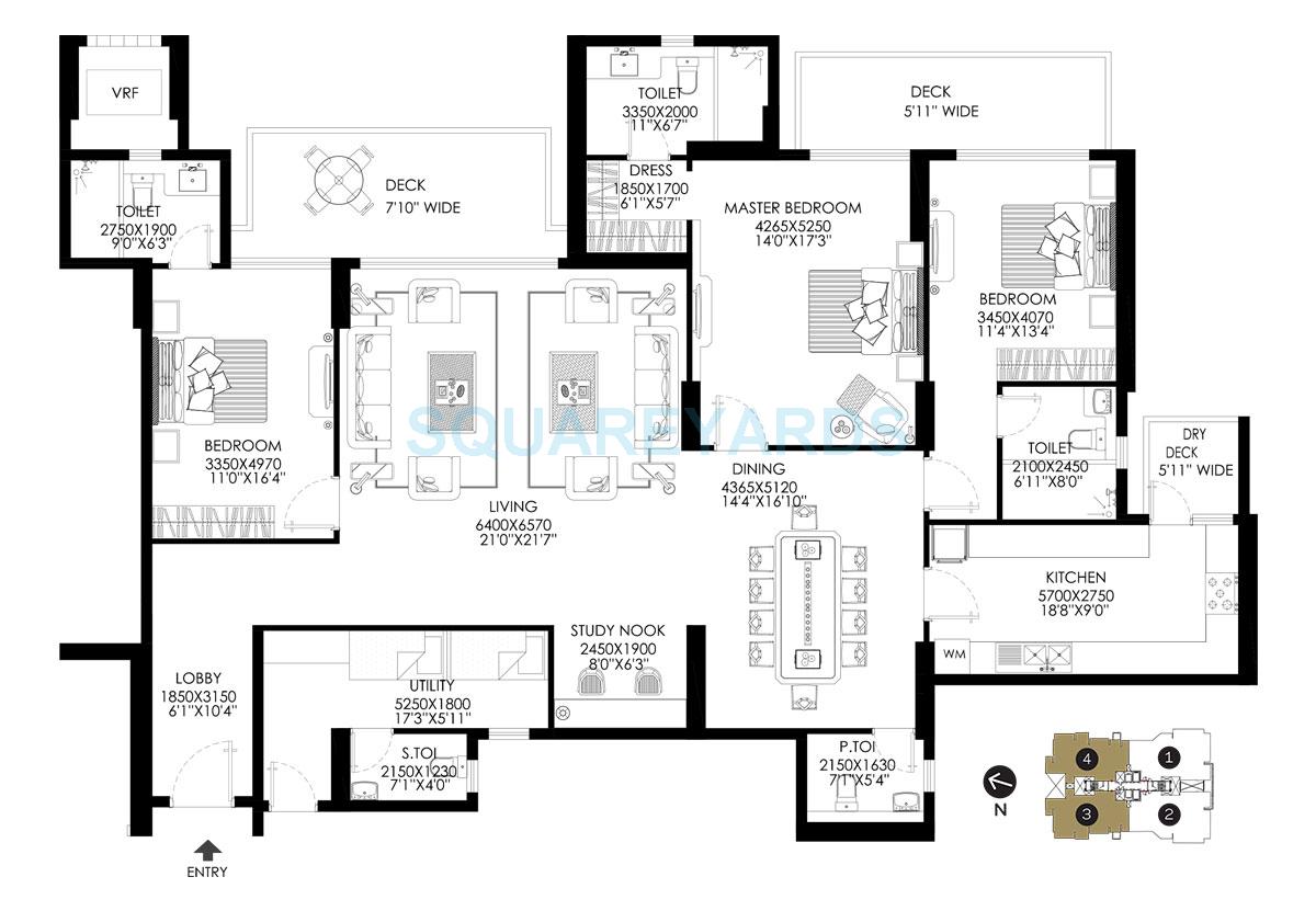 Floor plan of 3 BHK 3087 Sq. Ft. Apartment in DLF The Crest, Gurgaon