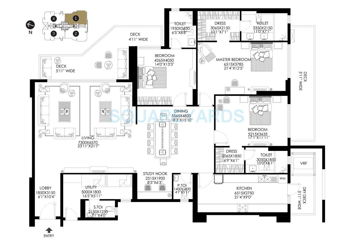 Floor plan of 3 BHK 3511 Sq. Ft. Apartment in DLF The Crest, Gurgaon
