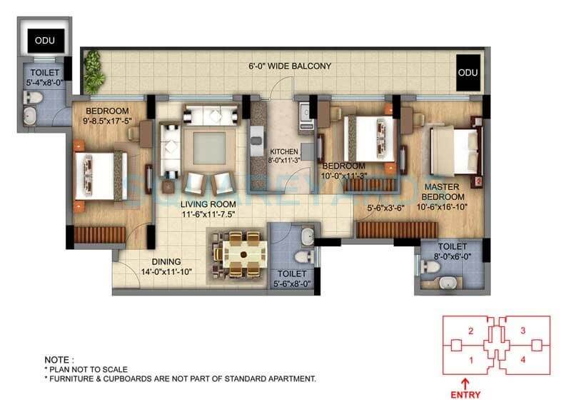 Floor plan of 3 BHK 1900 Sq. Ft. Apartment in DLF The Skycourt, Gurgaon