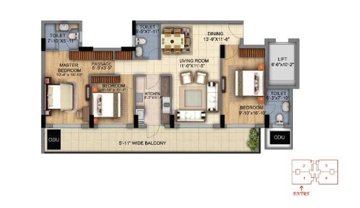 Floor plan of 3 BHK 1931 Sq. Ft. Apartment in DLF The Skycourt, Gurgaon