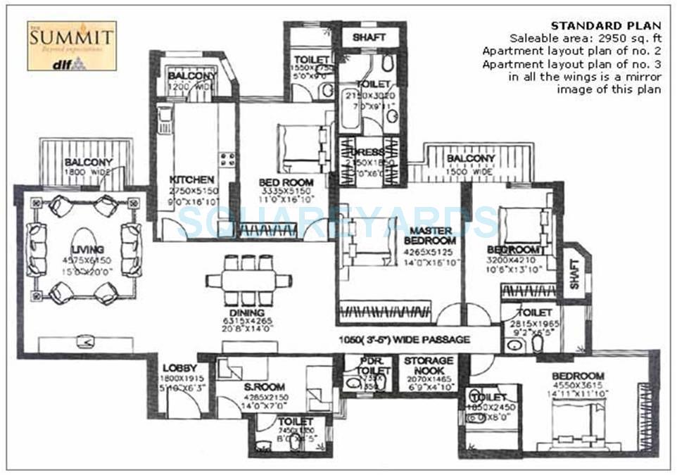 Floor plan of 4 BHK 2950 Sq. Ft. Apartment in DLF The Summit, Gurgaon