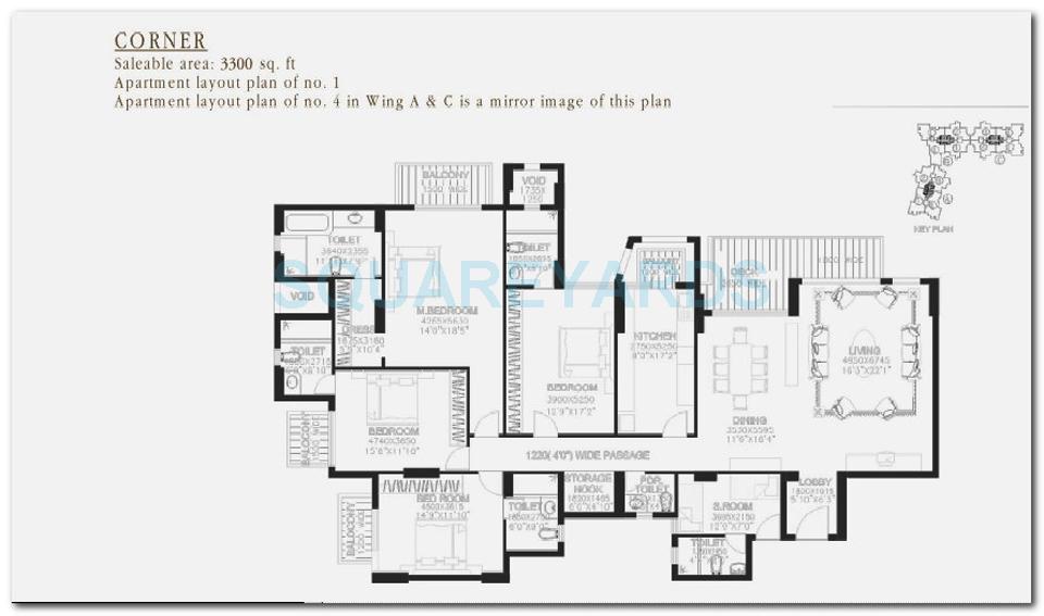 Floor plan of 4 BHK 3300 Sq. Ft. Apartment in DLF The Summit, Gurgaon