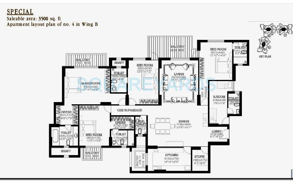 Floor plan of 4 BHK 3500 Sq. Ft. Apartment in DLF The Summit, Gurgaon