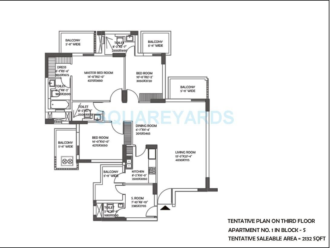 Floor plan of 3 BHK 2132 Sq. Ft. Apartment in DLF The Ultima, Gurgaon